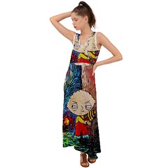 Cartoon Starry Night Vincent Van Gogh V-neck Chiffon Maxi Dress by Sarkoni