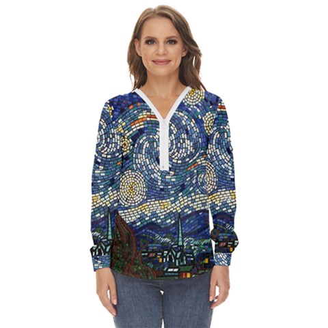 Mosaic Art Vincent Van Gogh s Starry Night Zip Up Long Sleeve Blouse by Sarkoni