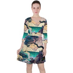 Tree Wave Ocean Quarter Sleeve Ruffle Waist Dress by Bangk1t