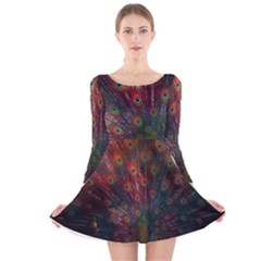 Peacock Feather Bird Long Sleeve Velvet Skater Dress by Bedest