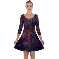 Peacock Feather Bird Quarter Sleeve Skater Dress by Bedest