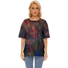 Peacock Feather Bird Oversized Basic T-shirt by Bedest