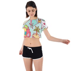 Summer Up Cute Doodle Tie Back Short Sleeve Crop T-shirt by Bedest