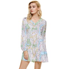 London City Map Tiered Long Sleeve Mini Dress by Bedest