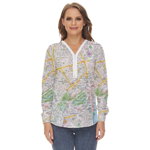 London City Map Zip Up Long Sleeve Blouse by Bedest