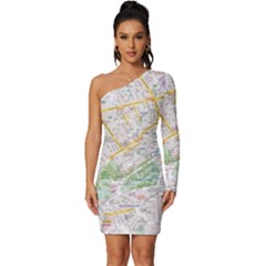 London City Map Long Sleeve One Shoulder Mini Dress by Bedest