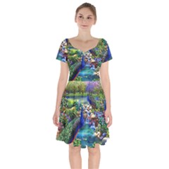 Peacocks  Fantasy Garden Short Sleeve Bardot Dress by Bedest