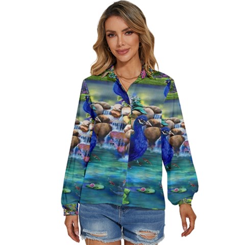 Peacocks  Fantasy Garden Women s Long Sleeve Button Up Shirt by Bedest