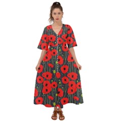 Background Poppies Flowers Seamless Ornamental Kimono Sleeve Boho Dress by Ravend