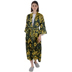 Sunflowers Yellow Flowers Flowers Digital Drawing Maxi Satin Kimono by Ravend