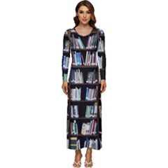 Book Collection In Brown Wooden Bookcases Books Bookshelf Library Long Sleeve Longline Maxi Dress by Ravend