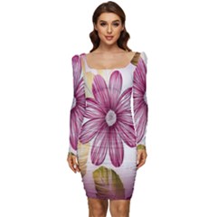 Print-roses Women Long Sleeve Ruched Stretch Jersey Dress by nateshop