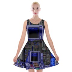 Blue Computer Monitor With Chair Game Digital Art Velvet Skater Dress by Bedest