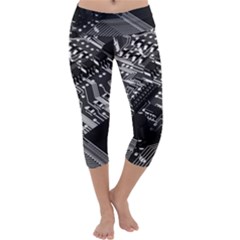 Black And Gray Circuit Board Computer Microchip Digital Art Capri Yoga Leggings by Bedest