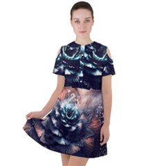 Blue And Brown Flower 3d Abstract Fractal Short Sleeve Shoulder Cut Out Dress  by Bedest