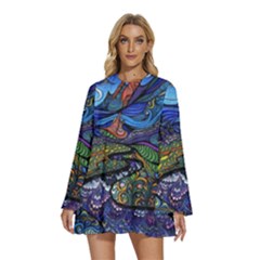 Multicolored Abstract Painting Artwork Psychedelic Colorful Round Neck Long Sleeve Bohemian Style Chiffon Mini Dress by Bedest