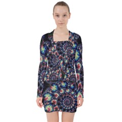 Psychedelic Colorful Abstract Trippy Fractal V-neck Bodycon Long Sleeve Dress by Bedest