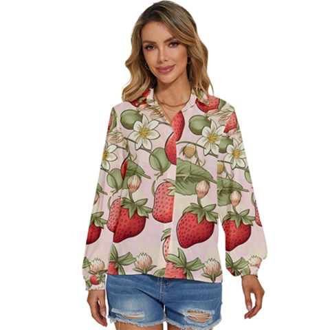 Strawberry Fruit Women s Long Sleeve Button Up Shirt by Bedest