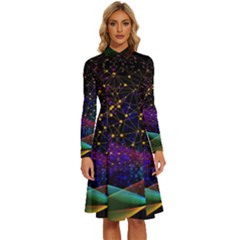 Particles Waves Line Multicoloured Long Sleeve Shirt Collar A-line Dress by Proyonanggan