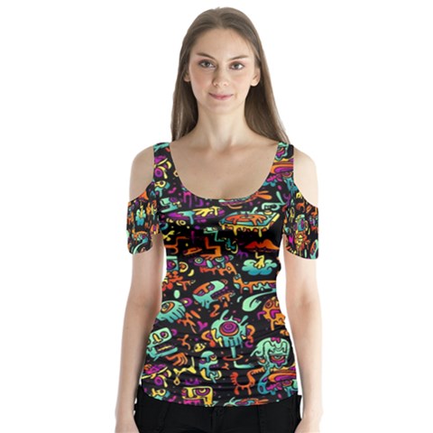 Multicolored Doodle Abstract Colorful Multi Colored Butterfly Sleeve Cutout T-shirt  by Grandong