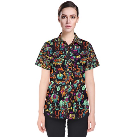 Multicolored Doodle Abstract Colorful Multi Colored Women s Short Sleeve Shirt by Grandong