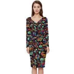 Multicolored Doodle Abstract Colorful Multi Colored Long Sleeve V-neck Bodycon Dress  by Grandong