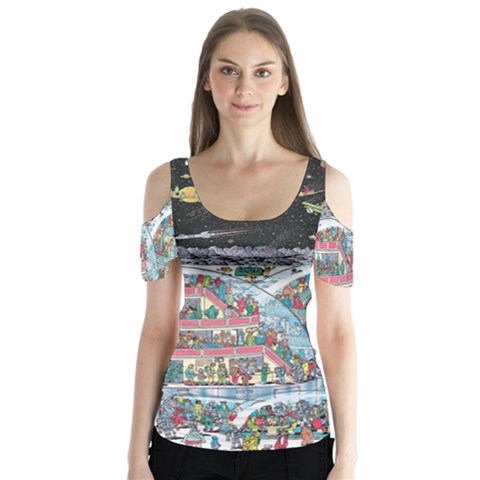 Abstract Painting Space Cartoon Butterfly Sleeve Cutout T-shirt  by Grandong