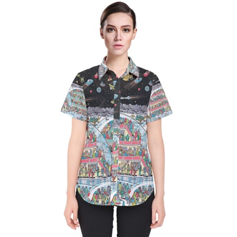 Abstract Painting Space Cartoon Women s Short Sleeve Shirt by Grandong