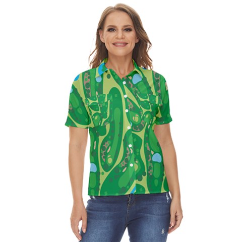 Golf Course Par Golf Course Green Women s Short Sleeve Double Pocket Shirt by Sarkoni