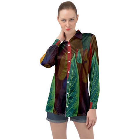 Leaves, Colorful, Desenho, Falling, Long Sleeve Satin Shirt by nateshop