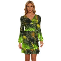 Machine Technology Circuit Electronic Computer Technics Detail Psychedelic Abstract Pattern Long Sleeve Waist Tie Ruffle Velvet Dress by Sarkoni