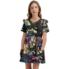 Psychedelic Funky Trippy Kids  Frilly Sleeves Pocket Dress by Sarkoni