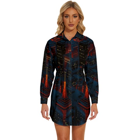 Architecture City Pixel Art Womens Long Sleeve Shirt Dress by Sarkoni