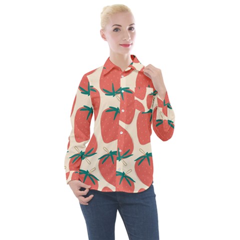 Seamless Strawberry Pattern Vector Women s Long Sleeve Pocket Shirt by Grandong