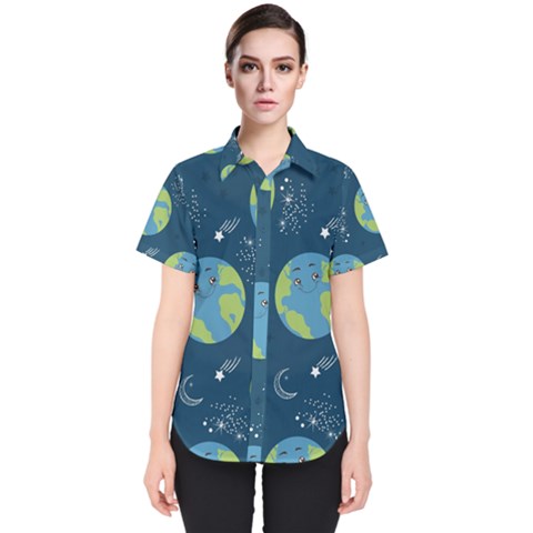 Seamless Pattern Cartoon Earth Planet Women s Short Sleeve Shirt by Grandong