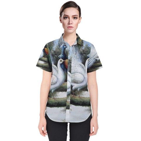 Canvas Oil Painting Two Peacock Women s Short Sleeve Shirt by Grandong