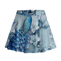 Chinese Style 3d Embossed Blue Peacock Oil Painting Mini Flare Skirt by Grandong