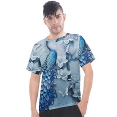 Chinese Style 3d Embossed Blue Peacock Oil Painting Men s Sport Top by Grandong