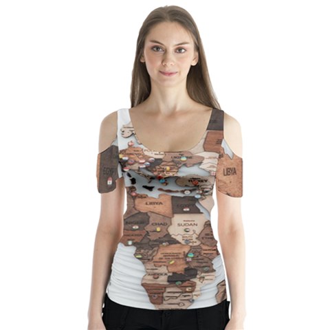 3d Vintage World Map Butterfly Sleeve Cutout T-shirt  by Grandong