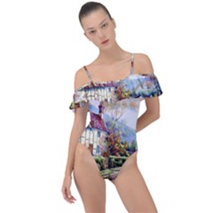 Colorful Cottage River Colorful House Landscape Garden Beautiful Painting Frill Detail One Piece Swimsuit by Grandong