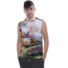 Colorful Cottage River Colorful House Landscape Garden Beautiful Painting Men s Regular Tank Top by Grandong