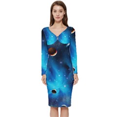 3d Universe Space Star Planet Long Sleeve V-neck Bodycon Dress  by Grandong