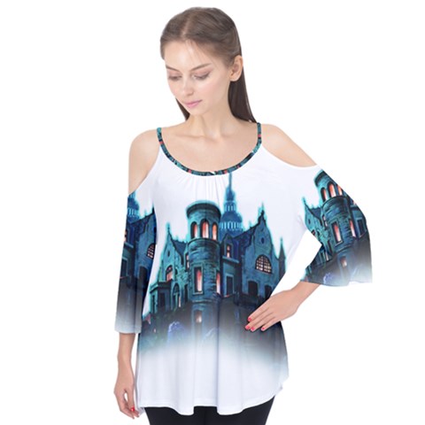 Blue Castle Halloween Horror Haunted House Flutter Sleeve T-shirt  by Sarkoni