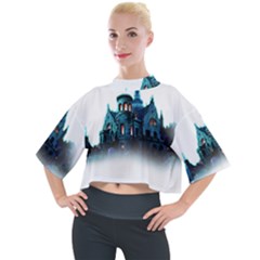 Blue Castle Halloween Horror Haunted House Mock Neck T-shirt by Sarkoni