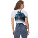 Blue Castle Halloween Horror Haunted House Twist Front Crop Top View4