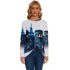 Blue Castle Halloween Horror Haunted House Long Sleeve Crew Neck Pullover Top by Sarkoni