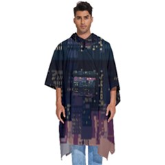 Pixel Art City Men s Hooded Rain Ponchos by Sarkoni