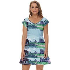 Japanese Themed Pixel Art The Urban And Rural Side Of Japan Short Sleeve Tiered Mini Dress by Sarkoni