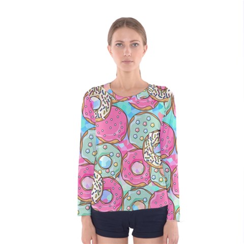 Donut Pattern Texture Colorful Sweet Women s Long Sleeve T-shirt by Grandong