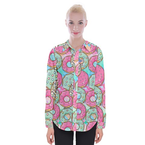 Donut Pattern Texture Colorful Sweet Womens Long Sleeve Shirt by Grandong